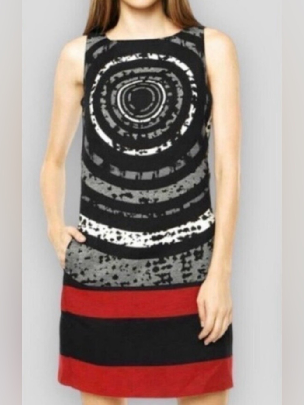 Sleeveless Black, Gray & Red Graphic Shift Dress (SKU837)